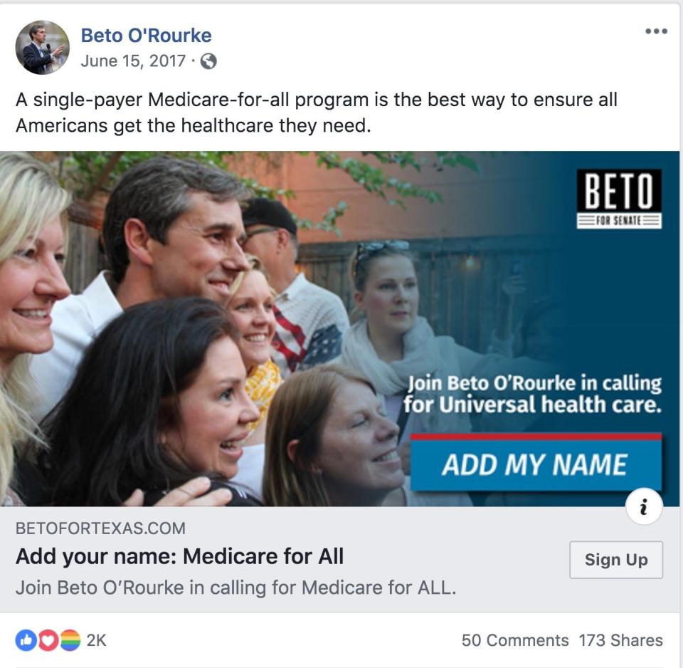 In three terms in the House, O&rsquo;Rourke did not co-sponsor any single-payer health care bills. In 2018, as a Senate candidate, he said he would sign on to Sanders&rsquo; single-payer bill if elected. (Photo: Beto O'Rourke Senate Campaign)