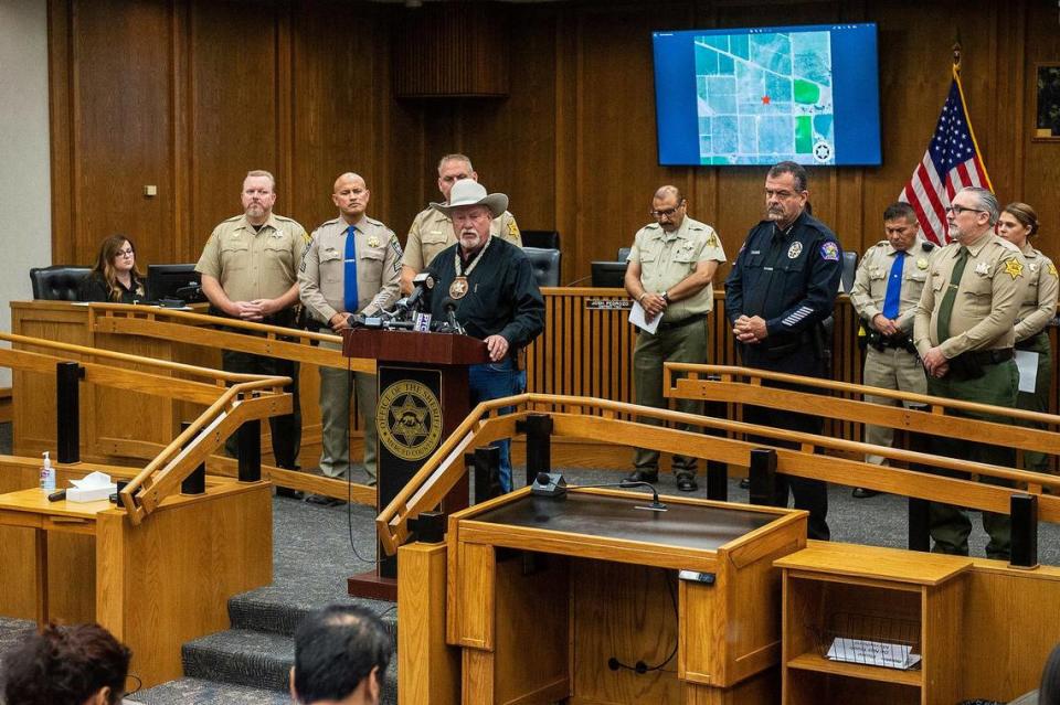 Merced County Sheriff Vern Warnke speaks about the kidnapping of 8-month-old Aroohi Dheri, her parents Jasleen Kaur, 27, and Jasdeep Singh, 36, and her uncle Amandeep Singh, 39, during a news conference in Merced, Calif, on Wednesday, Oct. 5, 2022. Authorities said the family was kidnapped at gunpoint Monday morning from a business they operated off of South Highway 59 in Merced County.