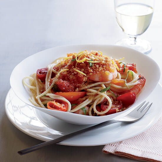 Spaghettini with Shrimp, Tomatoes and Chile Crumbs