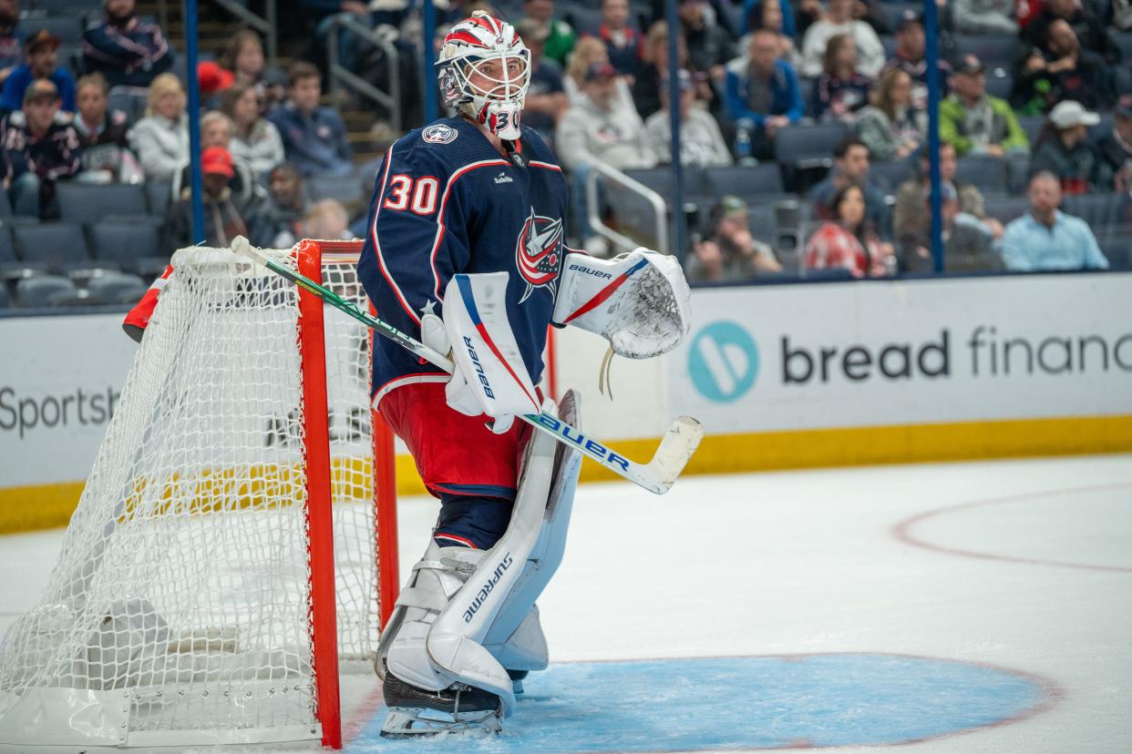 Oct. 5, 2023; Columbus, Ohio, United States;
Columbus Blue Jackets goaltender Spencer Martin (30) gets ready to defend the goal during their game against the Washington Capitals on Thursday, Oct. 5, 2023 at Nationwide Arena.