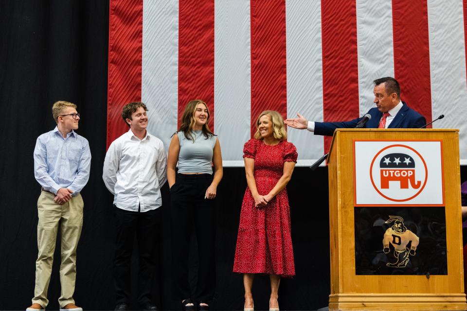 Utah Congressional 2nd District candidate Greg Hughes introduces his family during the Utah Republican Party’s special election at Delta High School in Delta on June 24, 2023. | Ryan Sun, Deseret News