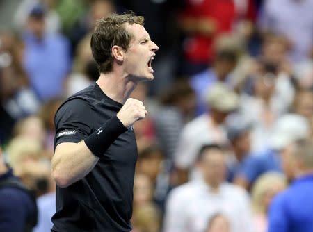 Sep 5, 2016; New York, NY, USA; Andy Murray of Great Britain celebrates after defeating Grigor Dimitrov of Bulgaria on day eight of the 2016 U.S. Open tennis tournament at USTA Billie Jean King National Tennis Center. Mandatory Credit: Jerry Lai-USA TODAY Sports