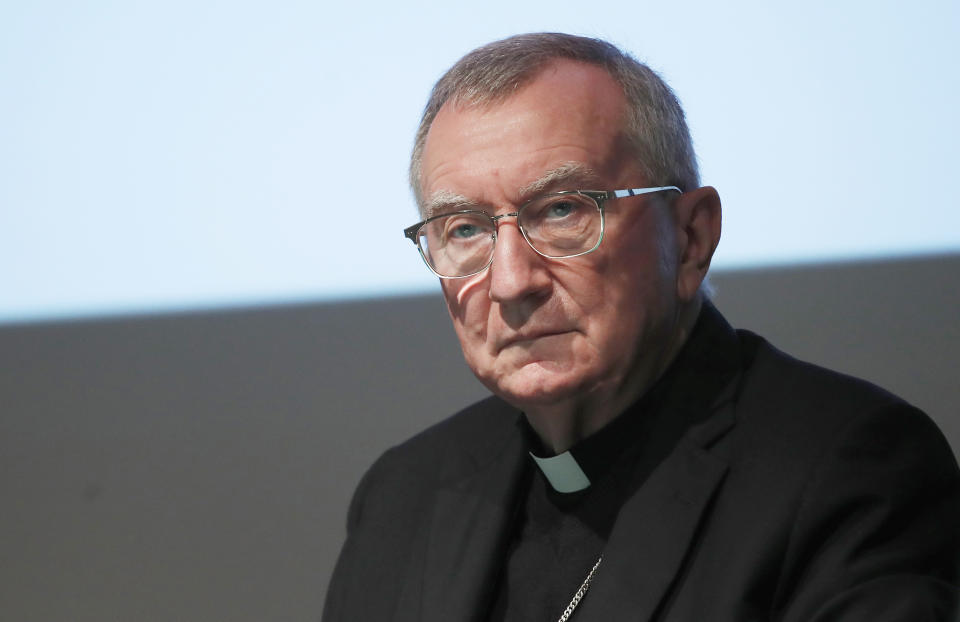 The Vatican secretary of state Cardinal Pietro Parolin attends at the 150th anniversary of the arrival of Catholic missionaries in China from an Italian religious order meeting, in Milan, Italy, Saturday, Oct. 3, 2020. The Vatican doubled down Saturday on its intent to pursue continued dialogue with China over bishop nominations, defending the deal as necessary to the life of the Catholic Church there over strong U.S. objections. (AP Photo/Antonio Calanni)