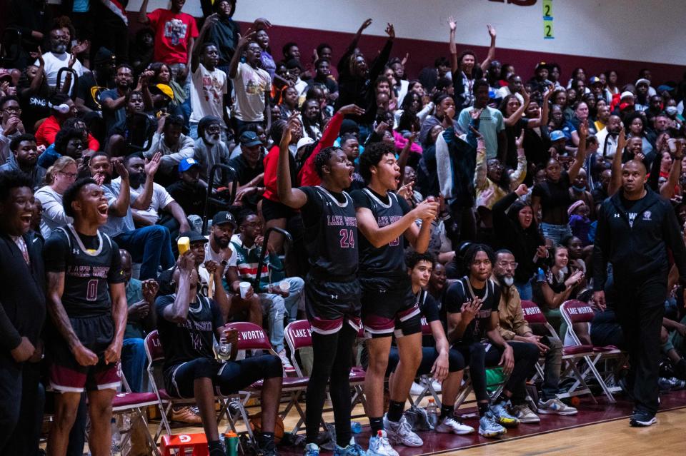 Lake Worth celebrates a jam in the second half of the game between Dwyer and host Lake Worth on Tuesday, January 31, 2023, in Lake Worth Beach, FL. Final score, Lake Worth, 62, Dwyer, 57.