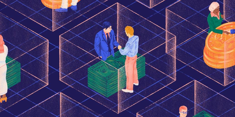 Illustration part of the Transforming Business Series: Multiple enclosed glass rooms with people inside shaking hands, with money bills or coins as office desks.