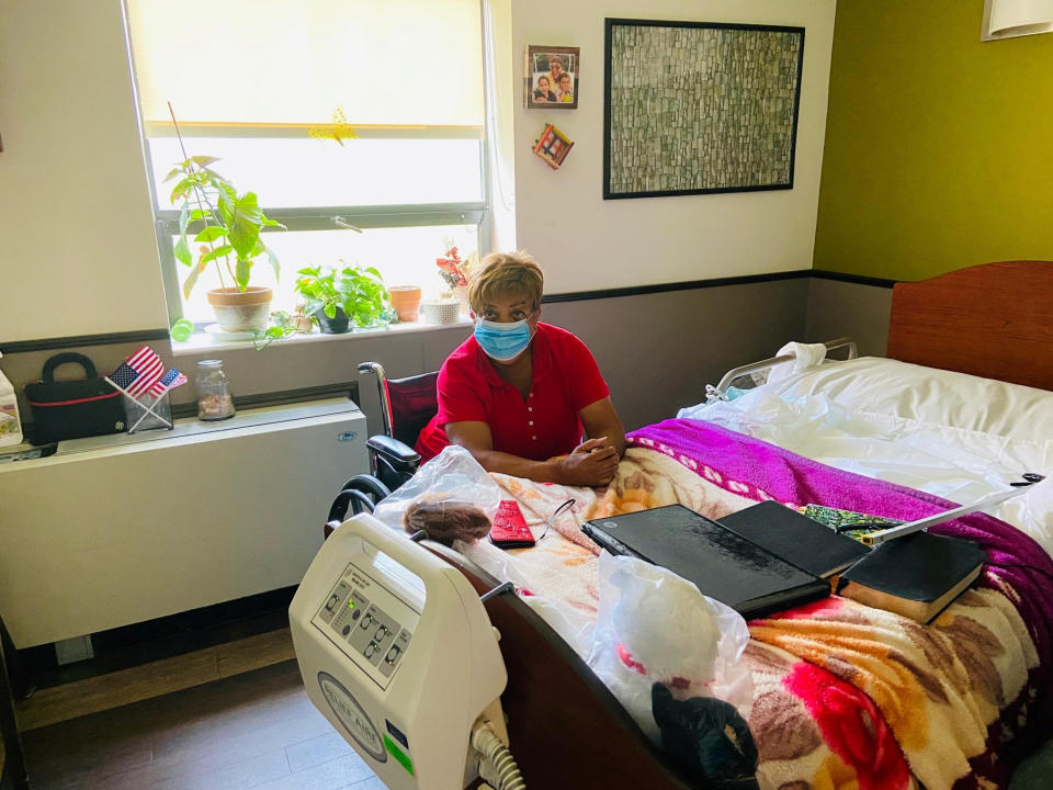 Robyn Esaw sits in her a wheelchair in her room at Hammonton Center for Rehabilitation and Nursing amid the coronavirus outbreak in Hammonton, New Jersey. (Robyn Esaw/Handout via REUTERS)