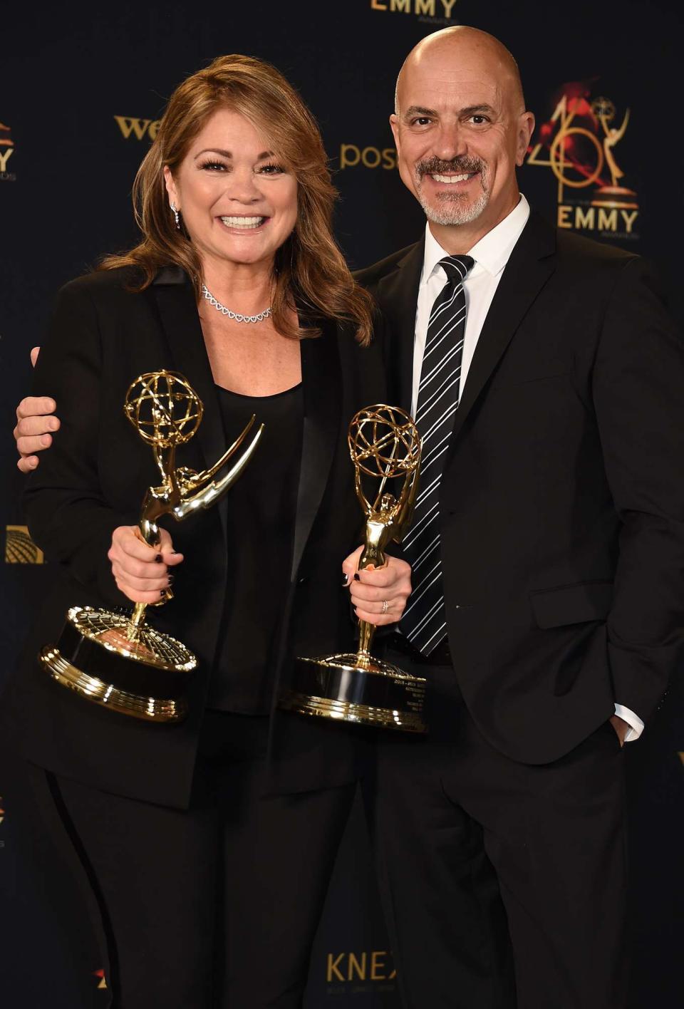 Valerie Bertinelli poses with the Daytime Emmy Awards for Outstanding Culinary Program and Outstanding Culinary Host with Tom Vitale in the press room during the 46th annual Daytime Emmy Awards at Pasadena Civic Center on May 05, 2019 in Pasadena, California