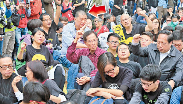 多名佔中主要搞手包括黎智英（箭嘴示）被放生，連累本港在司法及法律範疇的世界排名下降。