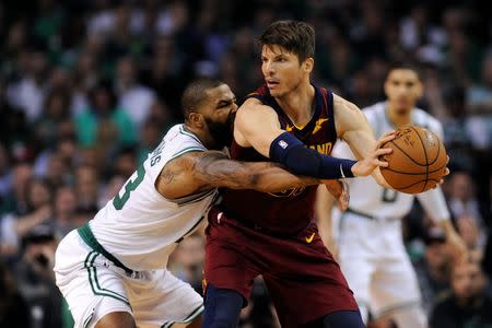 May 15, 2018; Boston, MA, USA; Boston Celtics forward Marcus Morris (13) defends Cleveland Cavaliers guard Kyle Korver (26) during the third quarter in game two of the Eastern conference finals of the 2018 NBA Playoffs at TD Garden. Mandatory Credit: Bob DeChiara-USA TODAY Sports