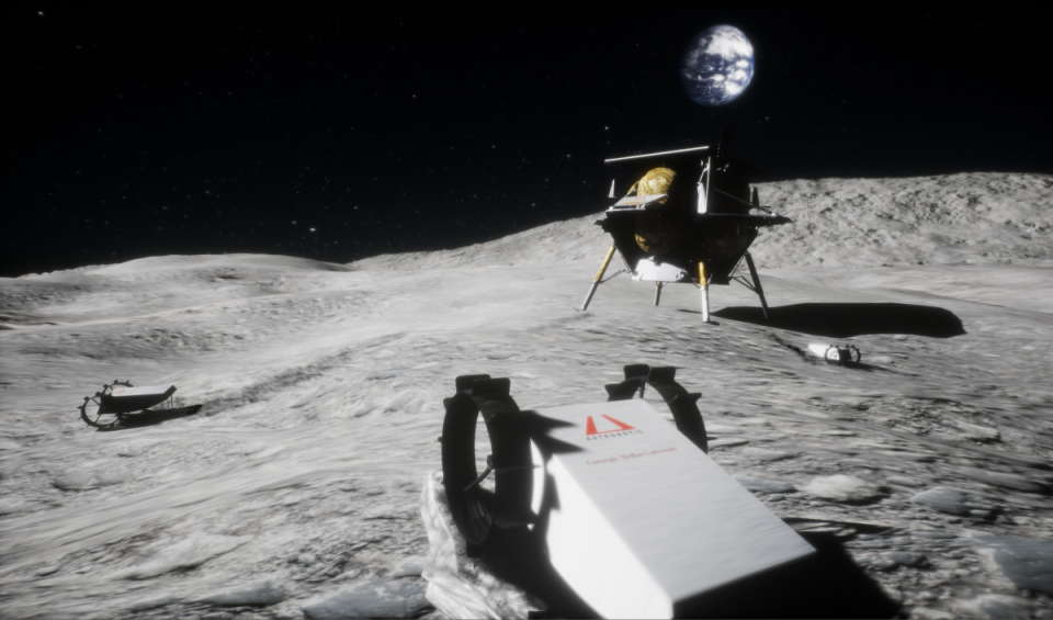 An artist’s illustration of Astrobotic’s CubeRover (foreground) and Peregrine lunar lander on the surface of the moon.