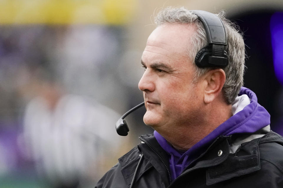 Nov 26, 2022; Fort Worth, Texas, USA; TCU Horned Frogs head coach Sonny Dykes on the sidelines during the first half against the Iowa State Cyclones at Amon G. Carter Stadium. Raymond Carlin III-USA TODAY Sports