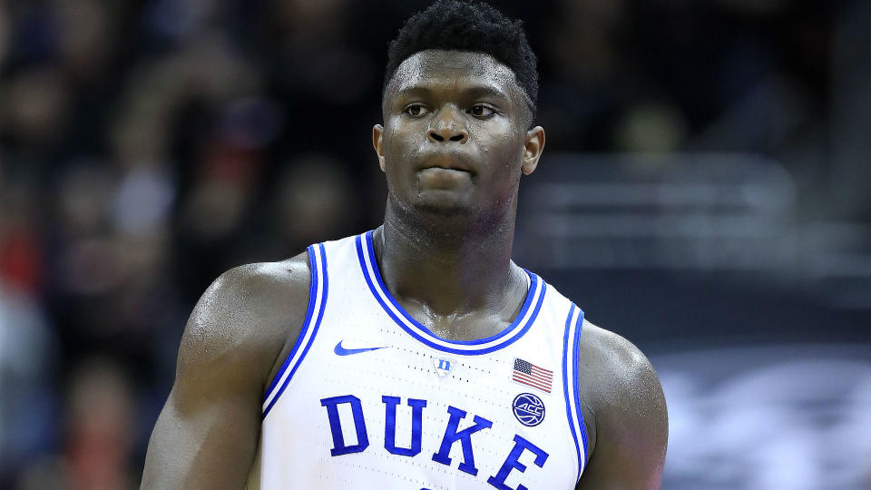 Recovering from a Grade 1 right knee sprain, Duke forward Zion Williamson will not play against Syracuse on Saturday night. Photo courtesy of Sporting News.