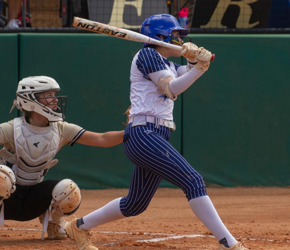 Spanish River High School’s Sophia Camacho (13) hits a single during the first inning against Plant High School during their FHSAA State 7A Championship softball game at the Legends Way Ball Fields in Clermont Saturday. May 27, 2023.