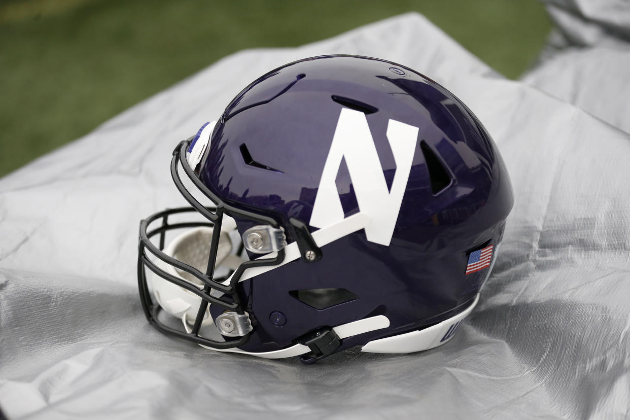 EVANSTON, ILLINOIS - OCTOBER 26: A Northwestern Wildcats helmet on the sidelines in the game against the Iowa Hawkeyes at Ryan Field on October 26, 2019 in Evanston, Illinois. (Photo by Justin Casterline/Getty Images)