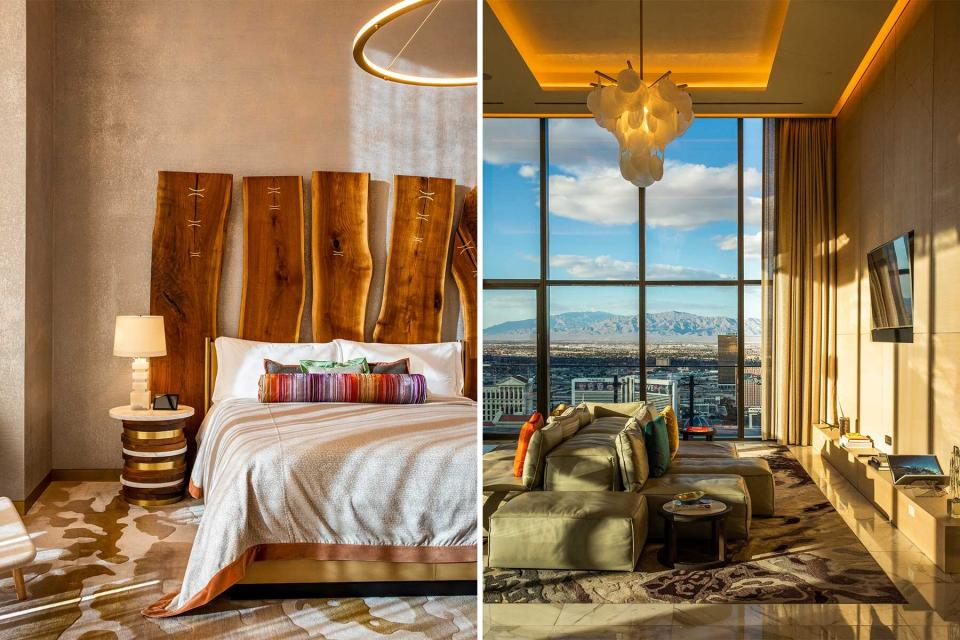 Two photos from the Boulevard Penthouse rooms at the Cosmopolitan, including a bed, and a living space with sweeping views