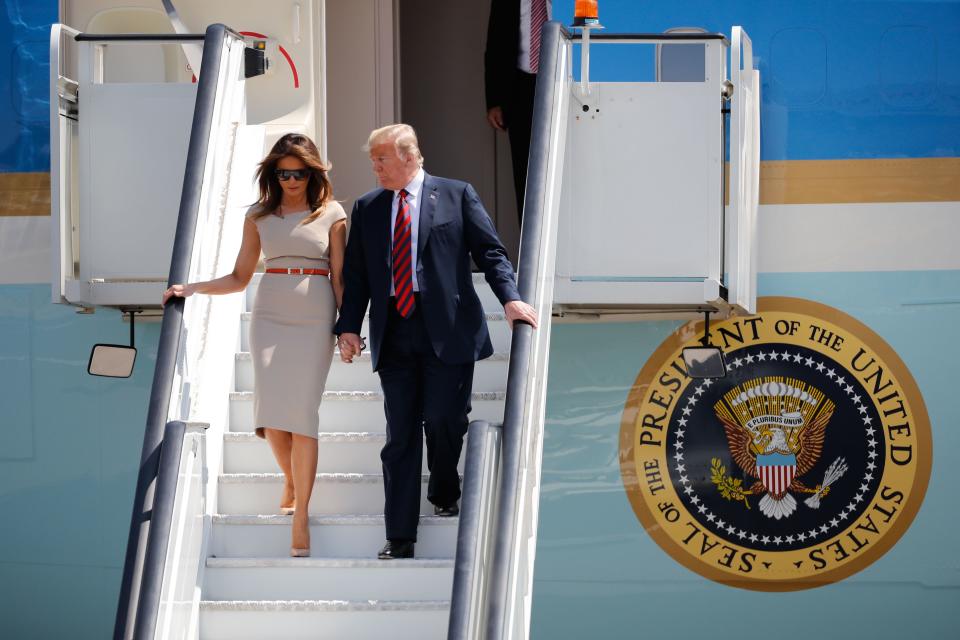 Touching down: President Trump and wife Melania step off Air Force One at London Stansted Airport. (Getty)