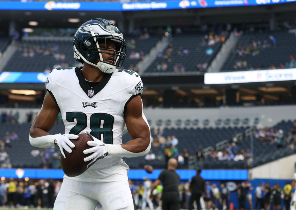 INGLEWOOD, CALIFORNIA – OCTOBER 08: Josh Jobe #28 of the Philadelphia Eagles during warm up before the game against the Los Angeles Rams at SoFi Stadium on October 08, 2023 in Inglewood, California. (Photo by Harry How/Getty Images)