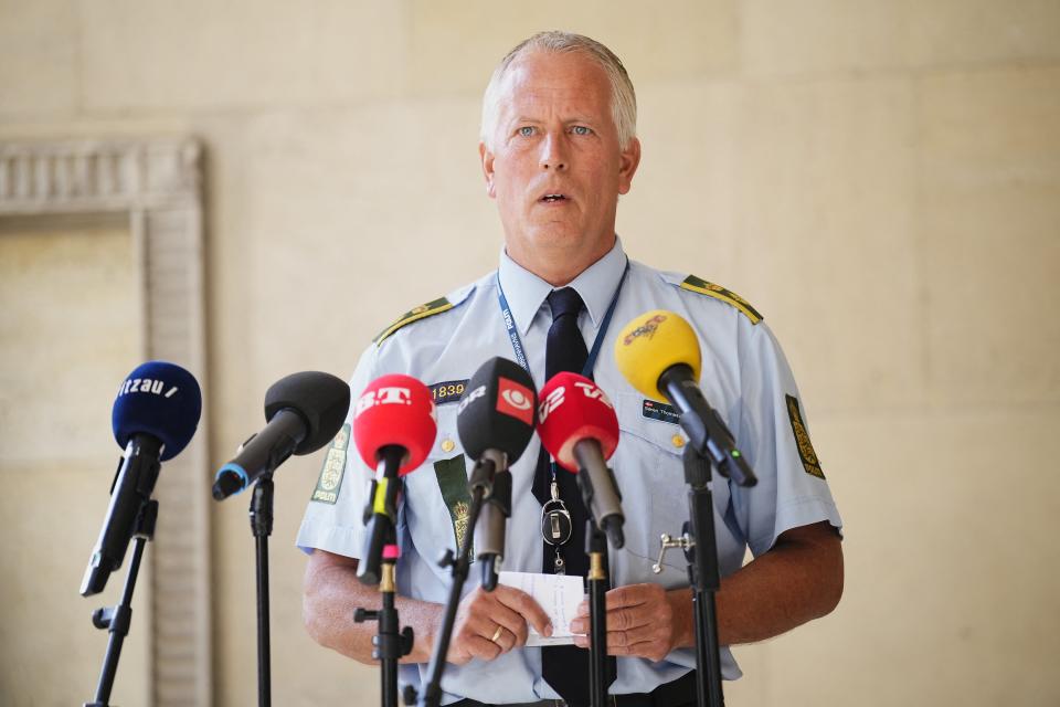 Copenhagen Police Chief Inspector Soeren Thomassen gives an update on the investigation of the shooting at Field's shopping mall, a day after the incident, in Copenhagen, Denmark July 4 (via REUTERS)