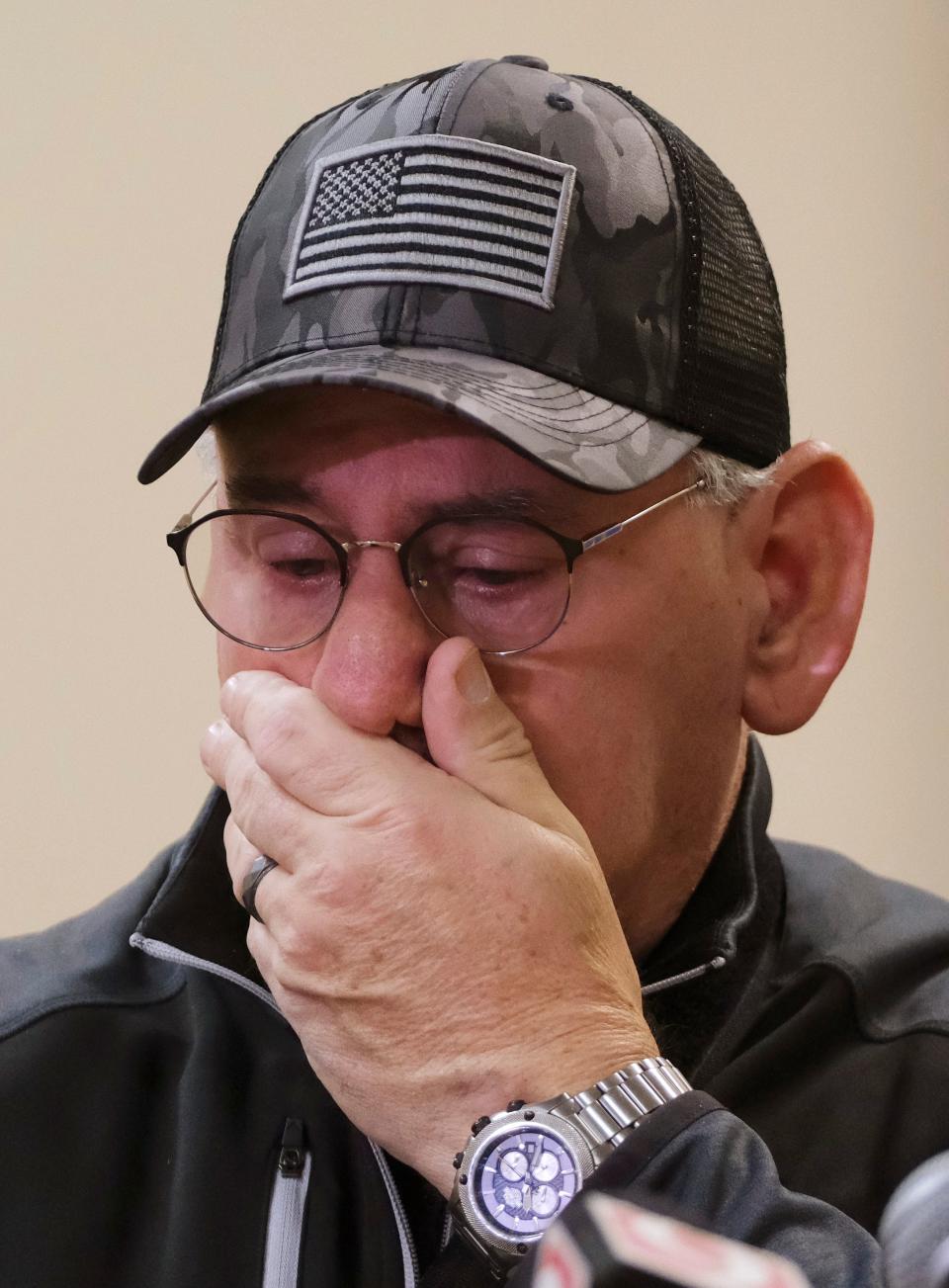 Deputy Mark Johns takes a moment to gather himself Tuesday, Oct. 18, 2022, while talking about his partner and friend, Sgt. Bobby Swartz. Johns was shot while serving an eviction notice in August when Sgt. Bobby Swartz was killed.