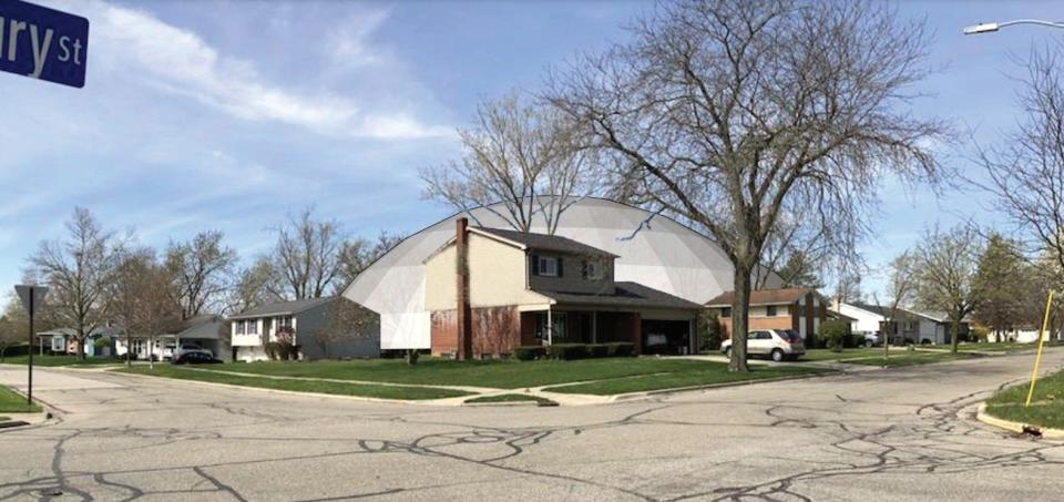 This photo rendering shows what residents on Canterbury Street in Adrian and the surrounding neighborhoods could see when a planned athletic dome is fully constructed on the campus of Adrian College. The house within focus of the rendering is the residence of Jill and Tim Bakewell on Canterbury Street.