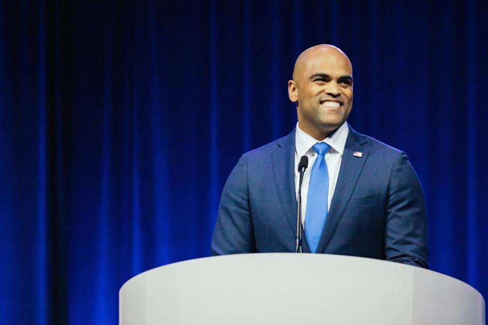 U.S. Rep. Colin Allred, who is seeking the Democratic nomination to run against Republican U.S. Sen. Ted Cruz, speaks during the Texas Democratic Party Convention.