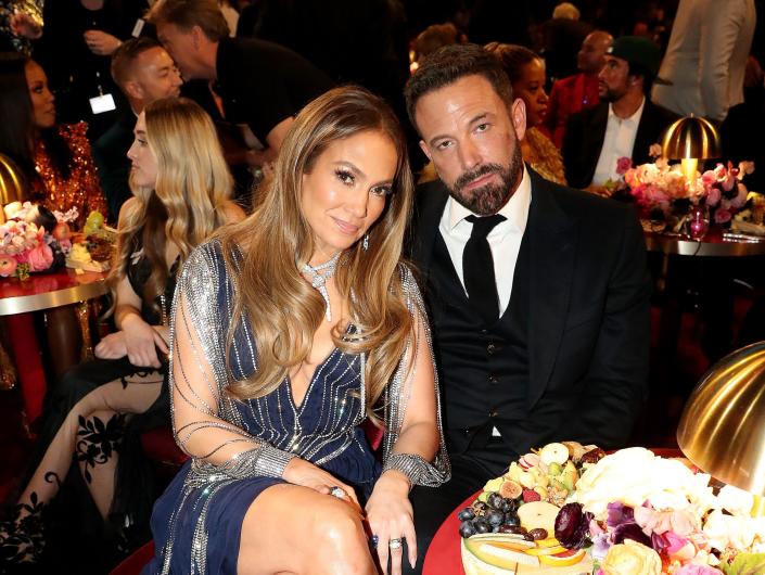 Jennifer Lopez sitting next to Ben Affleck at the 2023 Grammys