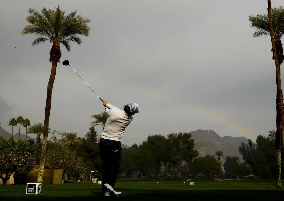 Ryo Ishikawa watches his tee shot on the on the fifth hole during the first round of the CareerBuilder Challenge at the La Quinta County Club Thursday, Jan. 19, 2017 in La Quinta, Calif. (AP Photo/Chris Carlson)