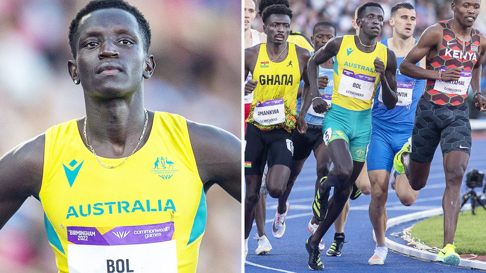 A 50-50 images shows Peter Bol competing at the 2022 Commonwealth Games.