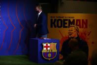 Ronald Koeman arrives for his official presentation as coach for FC Barcelona in Barcelona, Spain, Wednesday, Aug. 19, 2020. Barcelona officially announced earlier on Wednesday a deal with Koeman to become their coach five days after the team's humiliating 8-2 loss to Bayern Munich in the Champions League quarterfinals. Barcelona says the former defender's deal runs through June 2022. Koeman replaces the fired Quique Setien. (AP Photo/Joan Monfort)