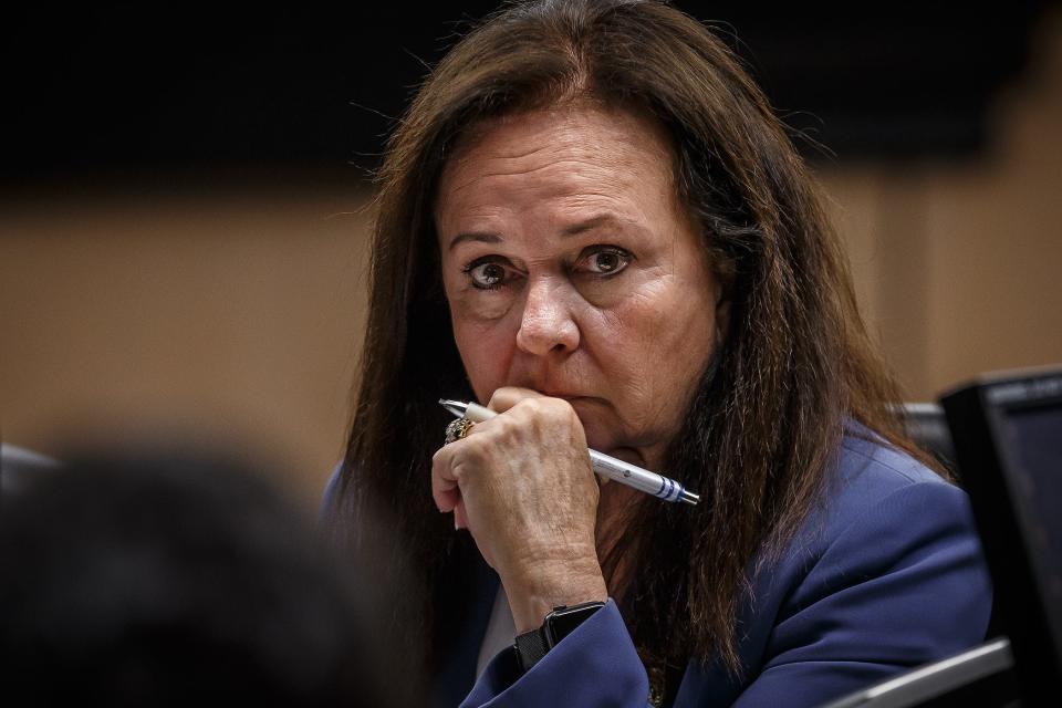 State Attorney Aleathea McRoberts listens to potential jurors during voir dire at Joseph Hamilton's first degree murder case in Circuit Judge Sarah Willis's courtroom at the Palm Beach County Courthouse in downtown West Palm Beach, Fla., on March 28, 2023.