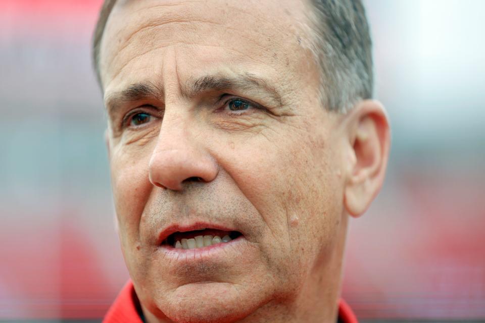 University of Utah athletic director Mark Harlan talks to members of the media during the Crimson Collective launch event at the Rice-Eccles Stadium in Salt Lake City on Friday, April 21, 2023. The Crimson Collective is an independent NIL organization and the exclusive NIL collective for Utah football. | Kristin Murphy, Deseret News