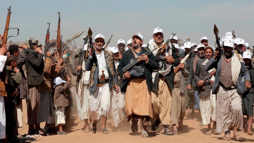 PHOTO: Houthi fighters march during a rally of support for the Palestinians in the Gaza Strip and against the U.S. strikes on Yemen outside Sanaa on Jan. 22, 2024.  (AP)