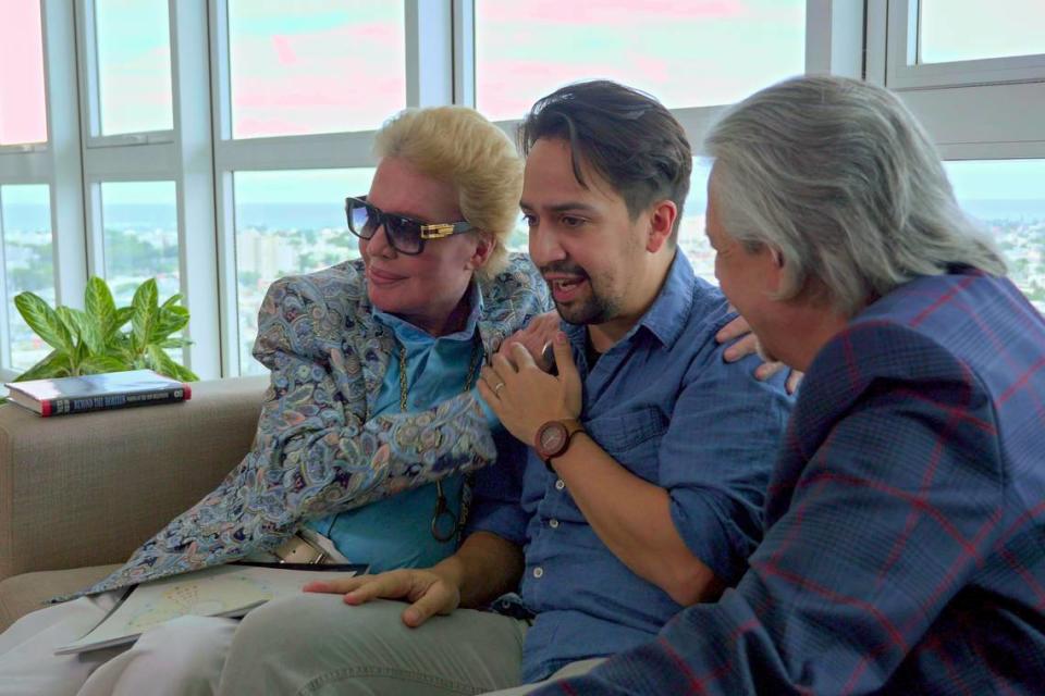 From left, Walter Mercado, Lin-Manuel Miranda and Luis Miranda in a scene from ‘Mucho Mucho Amor.’