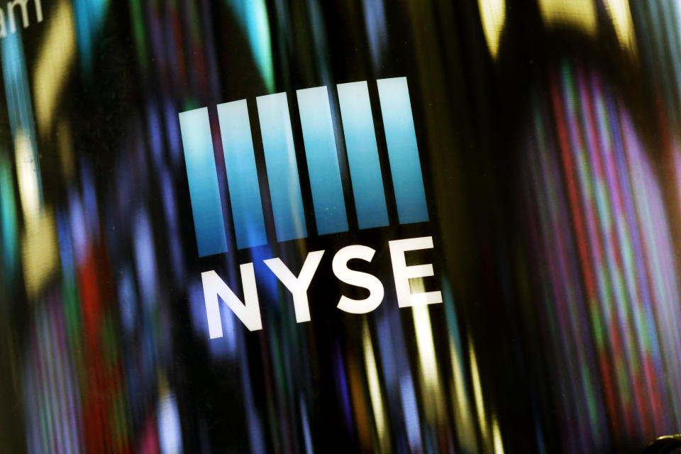 FILE - In this May 13, 2019 file photo, the NYSE logo is displayed at the New York Stock Exchange. U.S. stocks edged higher in early trading on Wall Street Monday, June 17, following two weeks of gains. (AP Photo/Mark Lennihan, File)