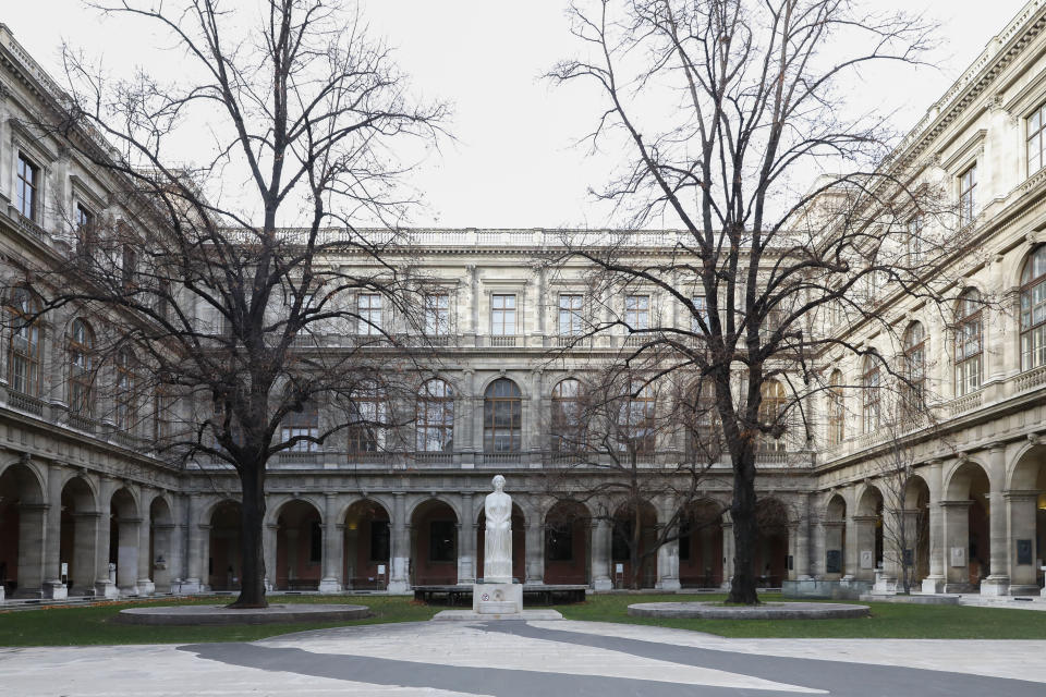 Due to the lockdown, there are no people at the campus of the University of Vienna in Vienna, Austria, Tuesday, Nov. 30, 2021. (AP Photo/Lisa Leutner)