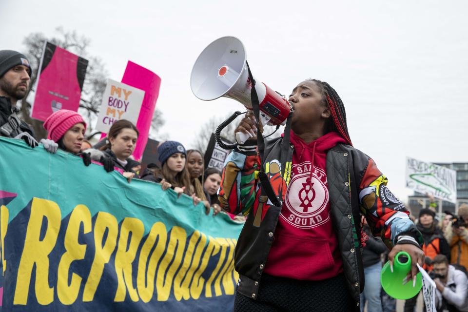 FILE - Demonstrators rally for reproductive rights in front of the White House in Washington, during the Women's March, on Jan. 22, 2023. A Black Ohio woman who miscarried in her bathroom has been charged with abuse of a corpse and awaits grand jury action. Her case has sparked a national firestorm over the plight of pregnant women, especially women of color, following the U.S. Supreme Court’s decision to overturn Roe v. Wade. (AP Photo/Amanda Andrade-Rhoades, File)