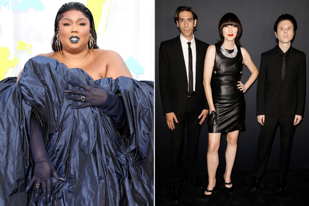 NEWARK, NEW JERSEY - AUGUST 28: Lizzo attends the 2022 MTV VMAs at Prudential Center on August 28, 2022 in Newark, New Jersey. (Photo by Arturo Holmes/FilmMagic); WEST HOLLYWOOD, CALIFORNIA - OCTOBER 20: (L-R) Brian Chase, Karen O and Nick Zinner of Yeah Yeah Yeahs attend a Chanel dinner to celebrate the 90th Anniversary of Gabrielle Chanel's 1932 High Jewelry Collection at The Lot at Formosa on October 20, 2022 in West Hollywood, California. (Photo by Kevin Winter/FilmMagic)