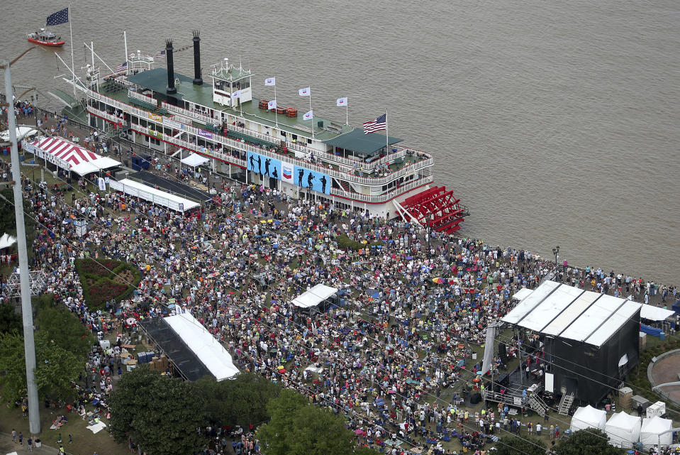 The crowd fills Woldenberg Park as the Dixie Cups perform on the Abita Beer Stage during the French Quarter Festival on Saturday, April 12, 2014. It's been two years since the largest free festival and showcase of Louisiana music, food and culture has taken place in New Orleans' French Quarter. But that changes in April, when the 2022 French Quarter Festival returns. The coronavirus pandemic forced organizers to cancel the event in 2020 and last year. (Michael DeMocker/The Times-Picayune/The New Orleans Advocate via AP)