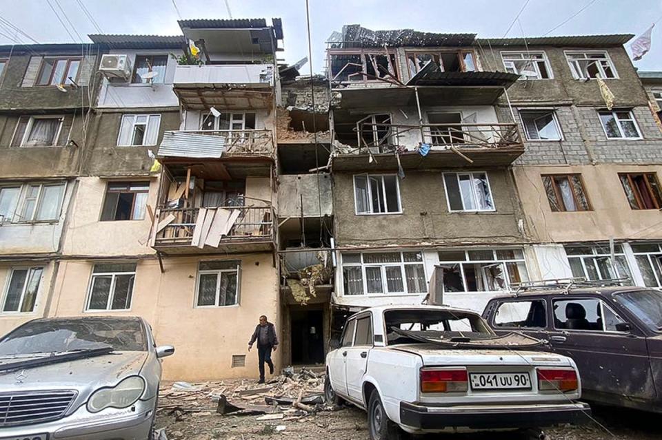 A damaged residential apartment building following shelling is seen in Stepanakert, Nagorno-Karabakh. Azerbaijan (AP)