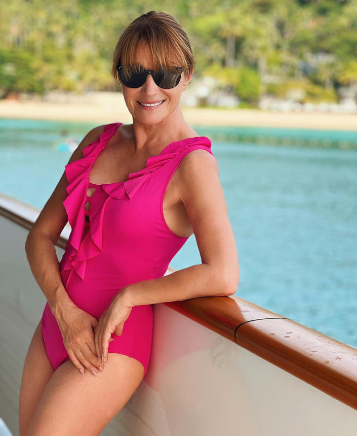 <p>The 70-year-old star<a href="https://people.com/style/jane-seymour-poses-on-boat-in-hot-pink-swimsuit/" rel="nofollow noopener" target="_blank" data-ylk="slk:posed for the frill of it to &quot;seas the day.&quot;" class="link "> posed for the frill of it to "seas the day."</a></p>