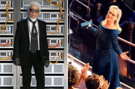 Karl Lagerfeld (L) and Meryl Streep at the Oscars. REUTERS/Charles Platiau/Lucy Nicholson