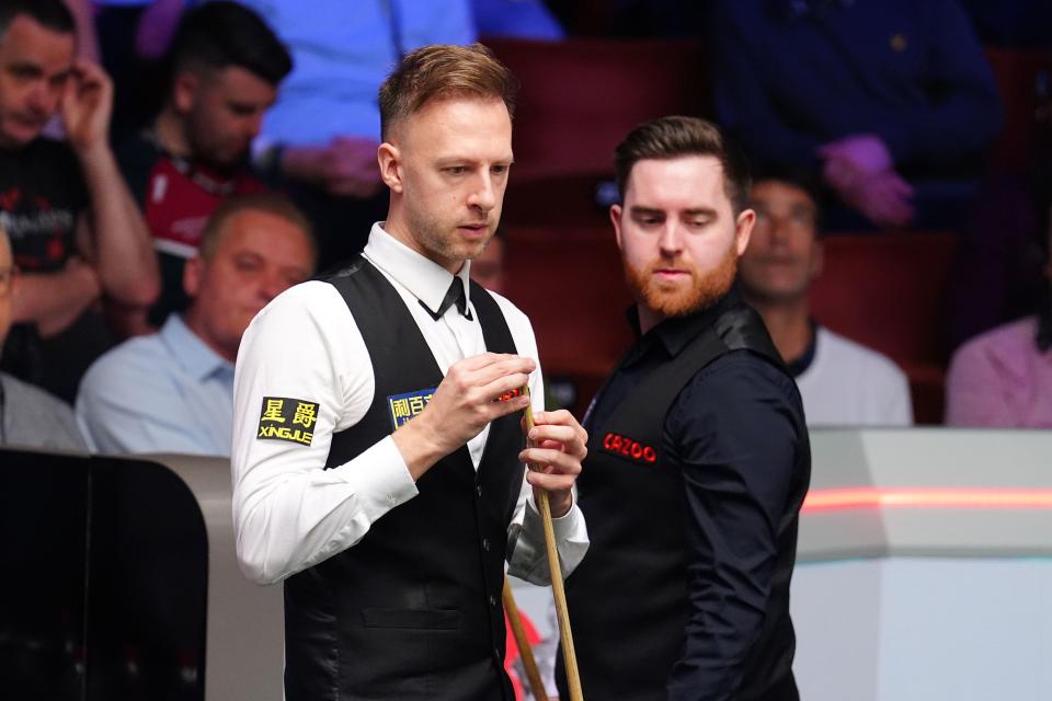 Jak Jones, right, stunned Judd Trump to reach the world snooker semi-finals (Mike Egerton/PA) (PA Wire)