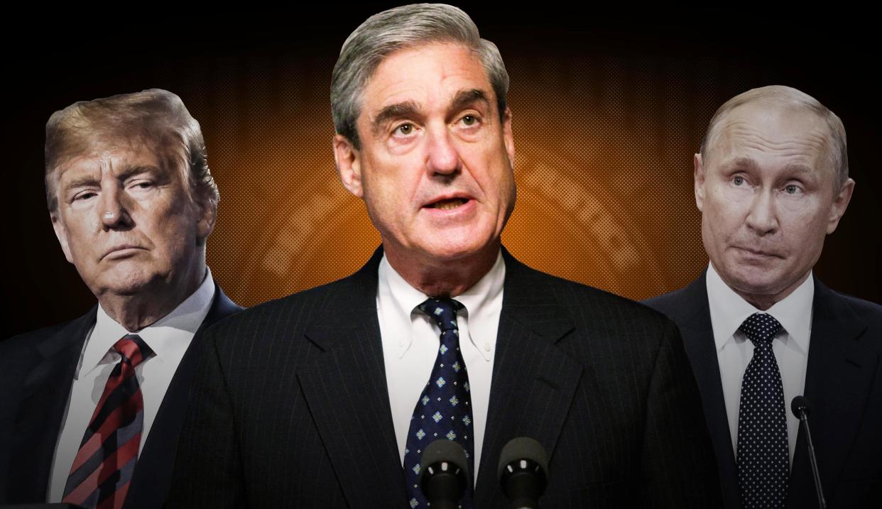 Special counsel Robert Mueller, center, is looking into Russian interference in the 2016 election. It's been&nbsp;alleged that Russian President Vladimir Putin wanted to tip the scales toward a Donald Trump victory. (Photo: Illustration: Damon Dahlen/HuffPost; Photos: Getty Images)