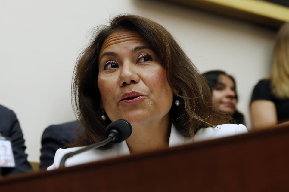 FILE - In this July 24, 2019, file photo, Rep. Veronica Escobar, D-Texas, asks questions to former special counsel Robert Mueller, as he testifies before the House Judiciary Committee hearing on his report on Russian election interference, on Capitol Hill in Washington. The Walmart shooting in El Paso, Texas, has made Escobar a member of a club no lawmaker wants to join. Escobar is consoling constituents traumatized by the shooting, which killed at least 22 people. (AP Photo/Alex Brandon, File)