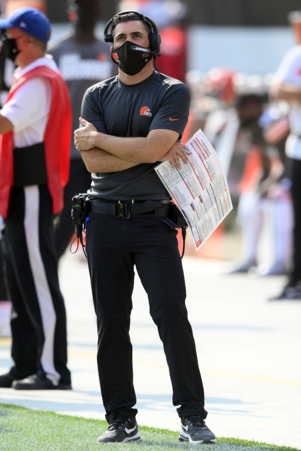 Cleveland Browns head coach Kevin Stefanski watches during the second half of an NFL football game against the Washington Football Team, Sunday, Sept. 27, 2020, in Cleveland. (AP Photo/David Richard)