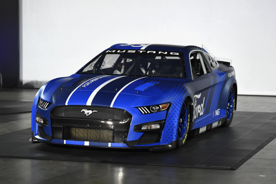 The 2022 Next Gen Ford Mustang Cup car was unveiled during a NASCAR media event in Charlotte, N.C., Wednesday, May 5, 2021. (AP Photo/Mike McCarn)