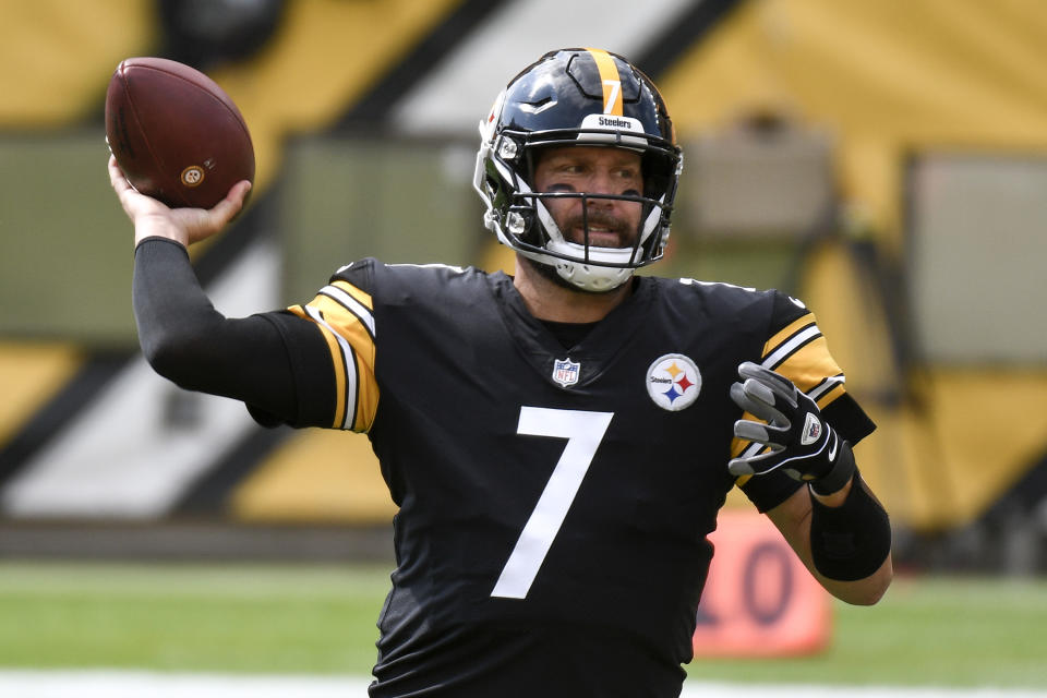 Pittsburgh Steelers quarterback Ben Roethlisberger (7) passes against the Houston Texans in the first half of an NFL football game, Sunday, Sept. 27, 2020, in Pittsburgh. (AP Photo/Don Wright)