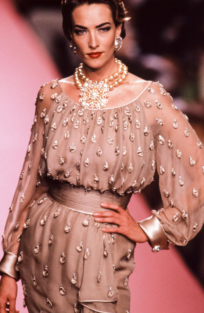 PARIS, FRANCE - JULY: Tatjana Patitz walks the runway at the Valentino Haute Couture Fall/Winter 1991-1992 fashion show during the Paris Fashion Week in July, 1991 in Paris, France. (Photo by Victor VIRGILE/Gamma-Rapho via Getty Images)