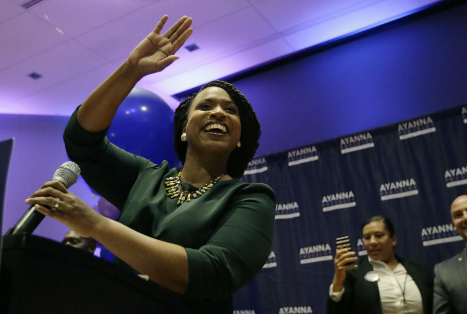 Ayanna Pressley celebrates her victory in the Congressional House Democratic primary in Boston, Mass. on Sept. 4, 2018.