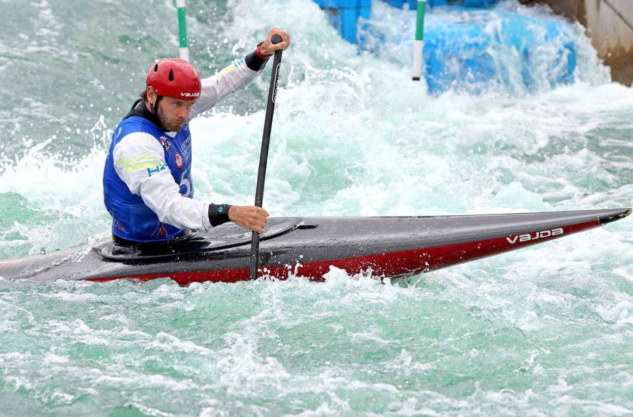 Casey Eichfeld competes in the men's canoe during 2024 Olympic Team Trials for Canoe/Kayak Slalom and Kayak Cross at the RIVERSPORT Whitewater Center in Oklahoma City, Friday, April 26, 2024.